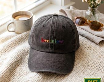 Embroidered Love is Love Washed Hat, Ultra Soft, Monochromatic, Gay Pride, LGBTQIA+