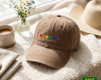Embroidered Rainbow Hearts Washed Hat, LGBTQ Pride Symbol Hat
