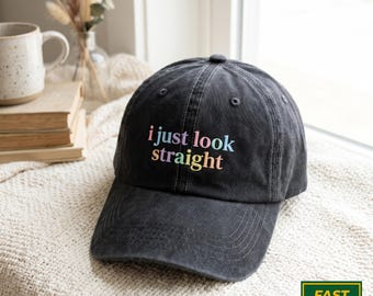 Embroidered I Just Look Straight Washed Hat, Subtle Lesbian Pride, Queer Hat