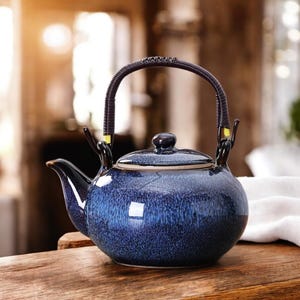 May include: A blue ceramic teapot with a woven handle and a matching lid. The teapot has a speckled glaze and a curved spout. The handle is dark brown and the lid has a small, round knob. The teapot is sitting on a wooden surface.