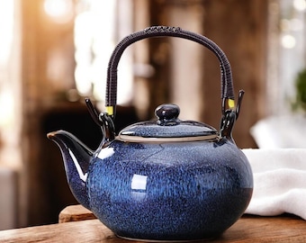 Handcrafted Blue Ceramic Teapot With Woven Handle | Japanese Stoneware Tea Pot Set With Brass Details | Elegant Zen Tea Set