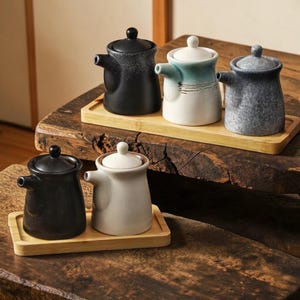 Japanese Ceramic Soy Sauce Dispenser Wabi Sabi Stoneware Cruet for Oil and Vinegar, Rustic Sushi Sauce Pot Japandi Kitchen Decor Gift