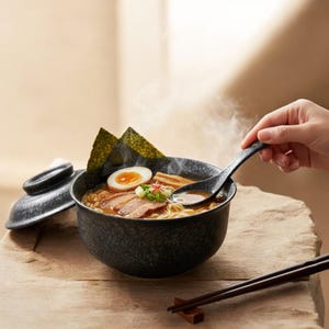 Puede incluir: Un cuenco humeante de ramen con huevo pasado por agua, rodajas de cerdo y algas marinas. El cuenco moteado oscuro está sobre una superficie de madera, con palillos y una cuchara cerca. El vapor se eleva del cuenco, sugiriendo una comida caliente y fresca.