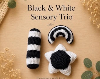 Zwart-wit gehaakt babyspeelgoed| Sensorisch trio met hoog contrast voor pasgeborenen| Montessori-babycadeauset| Handgemaakt gehaakt cadeau-idee voor babyshower