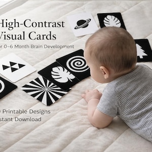 Tarjetas de alto contraste para estimulación visual de recién nacidos / Juguete Montessori para el desarrollo boca abajo / Elementos esenciales para recién nacidos en blanco y negro