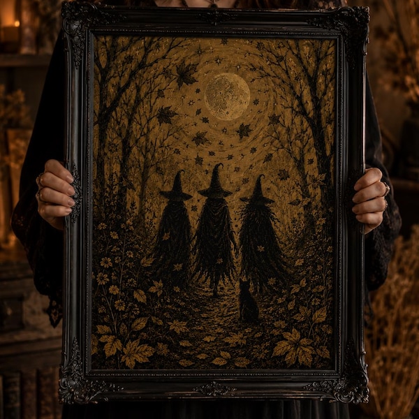 May include: A rectangular black ornate frame containing a dark-toned illustration of three figures wearing pointed hats walking through a forest under a full moon. The scene features golden-hued trees, falling leaves, and a small cat in the foreground.