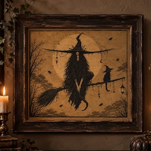 May include: A framed wall art print featuring a dark illustration of a witch with long hair and a wide-brimmed hat riding a broomstick. A small black cat wearing a matching hat sits on the broom, which also holds a hanging lantern.