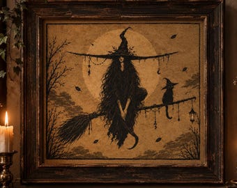 Flying Witch and Black Cat Poster, Vintage Witch Familiar Wall Art, Folklore Halloween Print, Gothic Moon Witch Wall Decor, Holiday Gift