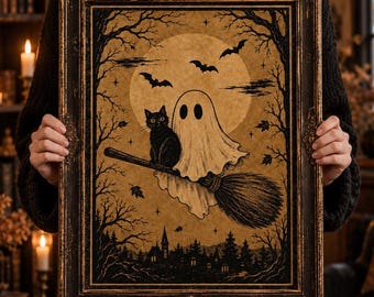 Ghost Riding Broom Poster, Black Cat Halloween Wall Art, Vintage Gothic Folk Art Print, Haunted Moon Spooky Decor, Dark Academia Poster