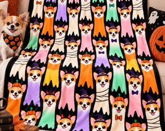 Chihuahua Ghost Halloween Fleece Blanket, Cute Dog Costume Throw, Pastel Ghost Pumpkin Witch Dog Lover Blanket, Spooky Season Gift for Kids