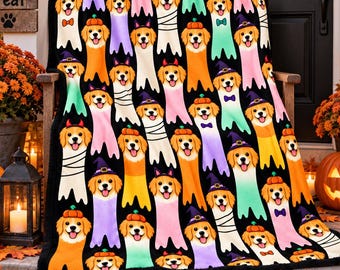 Golden Retriever Ghost Halloween Sherpa Blanket, Cute Dog Costume Fleece Throw, Ghost Pumpkin Dog Lover Blanket, Spooky Season Gift for Kids