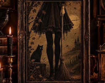 Witch with Broom and Black Cat Poster, Vintage Gothic Halloween Wall Art, Haunted Castle Folk Art Print, Dark Witchy Decor, Holiday Gift