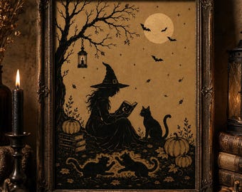 Reading Witch & Black Cats Poster, Vintage Halloween Witch Wall Art, Witchy Book Lover Decor, Gothic Autumn Print, Dark Academia Wall Decor