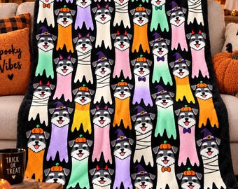 Schnauzer Ghost Halloween Sherpa Blanket, Cute Dog Costume Fleece Throw, Ghost Pumpkin Witch Dog Lover Blanket, Spooky Season Gift for Kids
