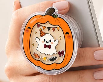Cute Ghost Pumpkin Shaker MagSafe Phone Grip, Kawaii Halloween Magnetic Phone Stand, Pumpkin Ghost Phone Accessory, Spooky Fall Gift