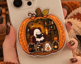 Ghost Reading Pumpkin Shaker MagSafe Compatible Phone Grip, Cozy Book Lover Magnetic Holder, Spooky Cute Halloween Phone Stand, Bookish Gift