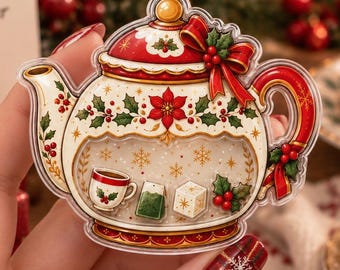 Christmas Teapot Shaker MagSafe Compatible Phone Grip, Holiday Tea Lover Magnetic Holder, Poinsettia Christmas Phone Stand, Cozy Xmas Gift