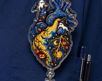 Anatomical Heart Badge Reel, Starry Night Style Halloween Art With Ghost Badge Holder, ID Clip For RN, CNA, Witch Cardiac Nurses Clip