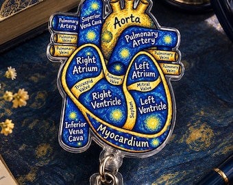Anatomical Heart Badge Reel, Starry Night Style Labeled Heart Anatomy, Retractable ID Badge Holder, Cardiac Nurse Nursing Student Gift