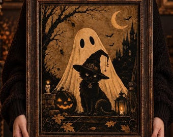 Black Cat Witch and Ghost Poster, Vintage Gothic Halloween Wall Art, Witchy Folk Art Print, Haunted Castle Spooky Decor, Dark Academia Art