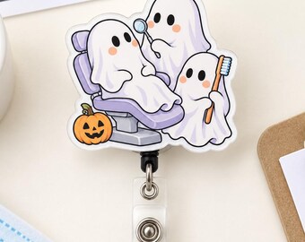 Ghost Dental Team Badge Reel, Halloween Dentist Chair Toothbrush Design, Retractable ID Badge Holder, Dental Hygienist Gift, Halloween Gift