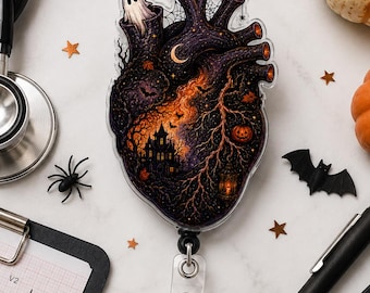 Haunted House Anatomical Heart Badge Reel, Ghost, Pumpkin & Lantern Halloween Badge Holder, ID Clip For RN, CNA, Cardiac Nurses Gift