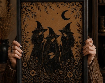 Three Witches & Black Cats Poster, Vintage Witch Coven Wall Art, Botanical Halloween Print, Gothic Wall Hanging, Witchy Cottagecore Decor