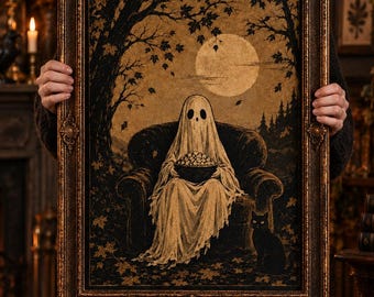 Cozy Ghost Halloween Poster, Ghost in Armchair Wall Art, Black Cat Vintage Halloween Print, Gothic Folk Art, Spooky Movie Night Decor