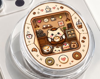 Cat Cafe Shaker MagSafe Phone Grip, Kawaii Pixel Art Coffee Shop Magnetic Holder, Sweet Barista Kitty Gift, Coffee Lover Accessory, Pet Gift