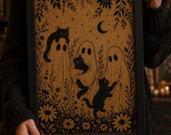 Three Ghosts & Black Cats Poster, Vintage Halloween Ghost Wall Art, Spooky Cat Wall Hanging, Whimsical Botanical Print, Cute Gothic Decor