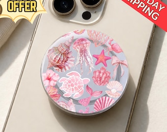 Pink Ocean MagSafe Phone Grip, Seashell Phone Stand, Cute Beach Magnetic Phone Holder, Jellyfish Turtle Grip, Girly Accessory