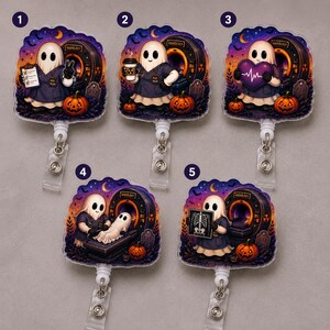 May include: Five acrylic badge reels featuring a ghost dressed as a radiology technician in a dark blue scrub top. The background shows a CT scanner, a tombstone, and pumpkins under a night sky. Each ghost performs different tasks: holding a clipboard, a coffee cup, a heart, operating a scanner, or holding an X-ray film.