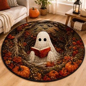 May include: A round area rug featuring a central white ghost reading an open book, surrounded by a dark forest scene with orange autumn leaves, tree roots, and flying bats. Several orange pumpkins are placed around the base of the ghost.