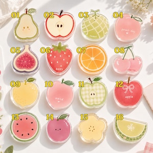 May include: A collection of sixteen acrylic fruit-themed charms labelled 01 through 16. The designs include a pear, apple slices, melon, peach, fig, strawberry, orange, cherries, lemon, peach, green apple, red apple, watermelon, plum, flower, and lime slice.