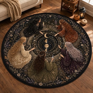 May include: A round area rug featuring a dark, intricate illustration of four figures with long hair in various colors, each wearing flowing dresses, gathered around a central circular design depicting the phases of the moon and a starry night sky.
