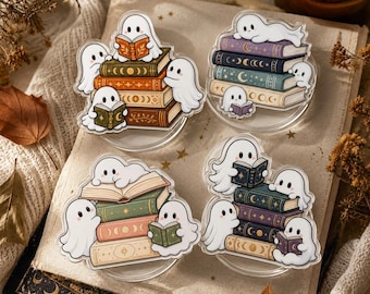 Cute Reading Ghost MagSafe Compatible Phone Grip, Kawaii  Book Stack with Ghost Magnetic Holder, Celestial Witchy Accessories, BookTok Gift