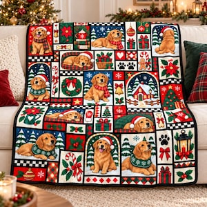 May include: A rectangular throw blanket featuring a grid pattern of golden retriever dogs wearing Santa hats and scarves, interspersed with Christmas icons like ornaments, presents, wreaths, candy canes, and a snowy house.