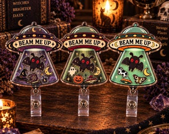 UFO Mothman Shaker Badge Reel, Retro Beam Me Up Alien Name Holder, Retractable ID Badge Holder, Halloween Nurse Coworker Gift