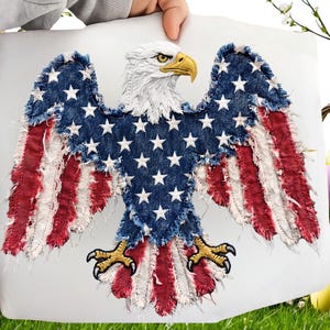 May include: A patriotic applique featuring an American bald eagle with outstretched wings. The eagle's wings are designed with the American flag's stars and stripes. The eagle has a white head, yellow beak, and talons. The applique is held up by a person.