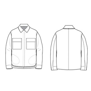 Pode incluir: Desenho linear de um casaco, vistas frontal e traseira. O casaco tem gola, dois bolsos quadrados no peito e bainha reta. A vista traseira mostra um design simples com uma costura vertical no centro.