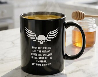 Taza con el emblema de Astra Militarum "Quema al hereje" / Taza negra de Warhammer 40k