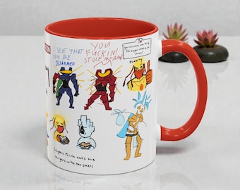 Taza de café Ultrakill con detalles divertidos de garabatos, con V1, V2, Minos Prime, Sísifo Prime y Gabriel