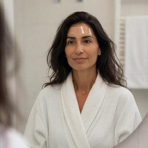 May include: A woman wearing a white robe looks in a mirror. She has dark hair and is wearing clear forehead wrinkle patches. The background includes a white towel rack and a white wall.