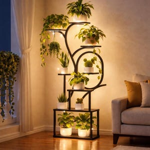 May include: A black metal plant stand with multiple shelves, holding various potted plants. The stand has a unique, curved design and is illuminated with small lights, creating a warm ambiance. The plants include trailing vines and succulents.