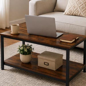 May include: A rectangular coffee table with a dark brown wood grain finish and black metal frame. A laptop, a small potted plant, a cup, a box, and a leather-bound book are on the table. The table is 40 inches long and 20 inches wide.