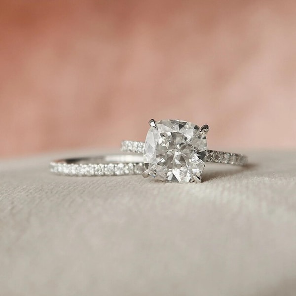 Delicate 1.25 CT Cushion Cut Wedding Ring Set,Hidden Halo Moissanite Ring,14k Solid White Gold,1.8 MM Cathedral Band,Paves Bridge,In Fashion