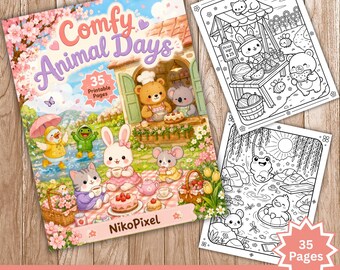 Comfy Animal Days Coloring Book PDF, Cute Cozy Animal Coloring Pages, 35 Printable Kawaii Designs, Kids Digital Download