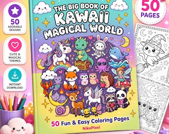 Libro para colorear infantil Kawaii Magical World, 50 páginas fáciles con animales adorables para aliviar el estrés y la ansiedad, descarga digital en PDF imprimible.