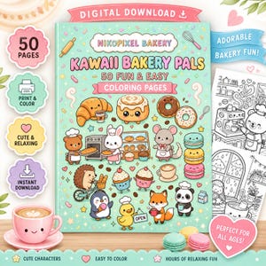 Kawaii Bakery Pals målarbok: 50 sidor med djurmat (digital nedladdning)