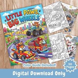 Little Paws målarbok med stora hjul, djur som kör bilar och lastbilar, 50 sidor (digital nedladdning)